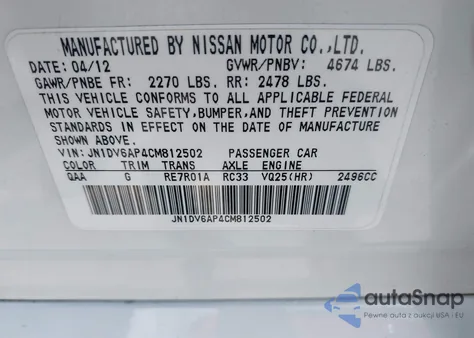 2012 Infiniti G25 Journey z USA, uszkodzony, nr VIN JN1DV6AP4CM812502